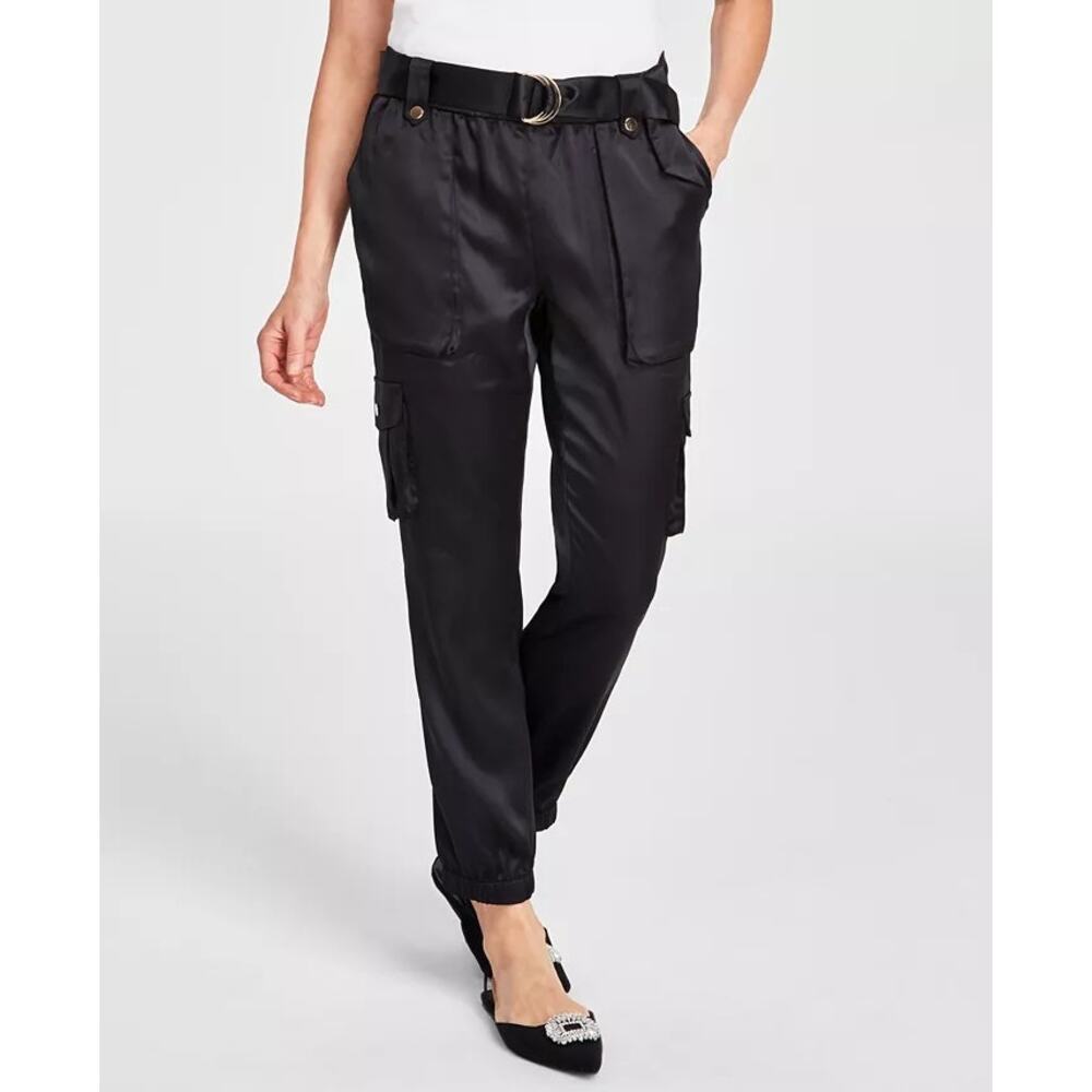 INC International Concepts NWT High Rise Belted Satin Cargo Jog Pants,M,BLK